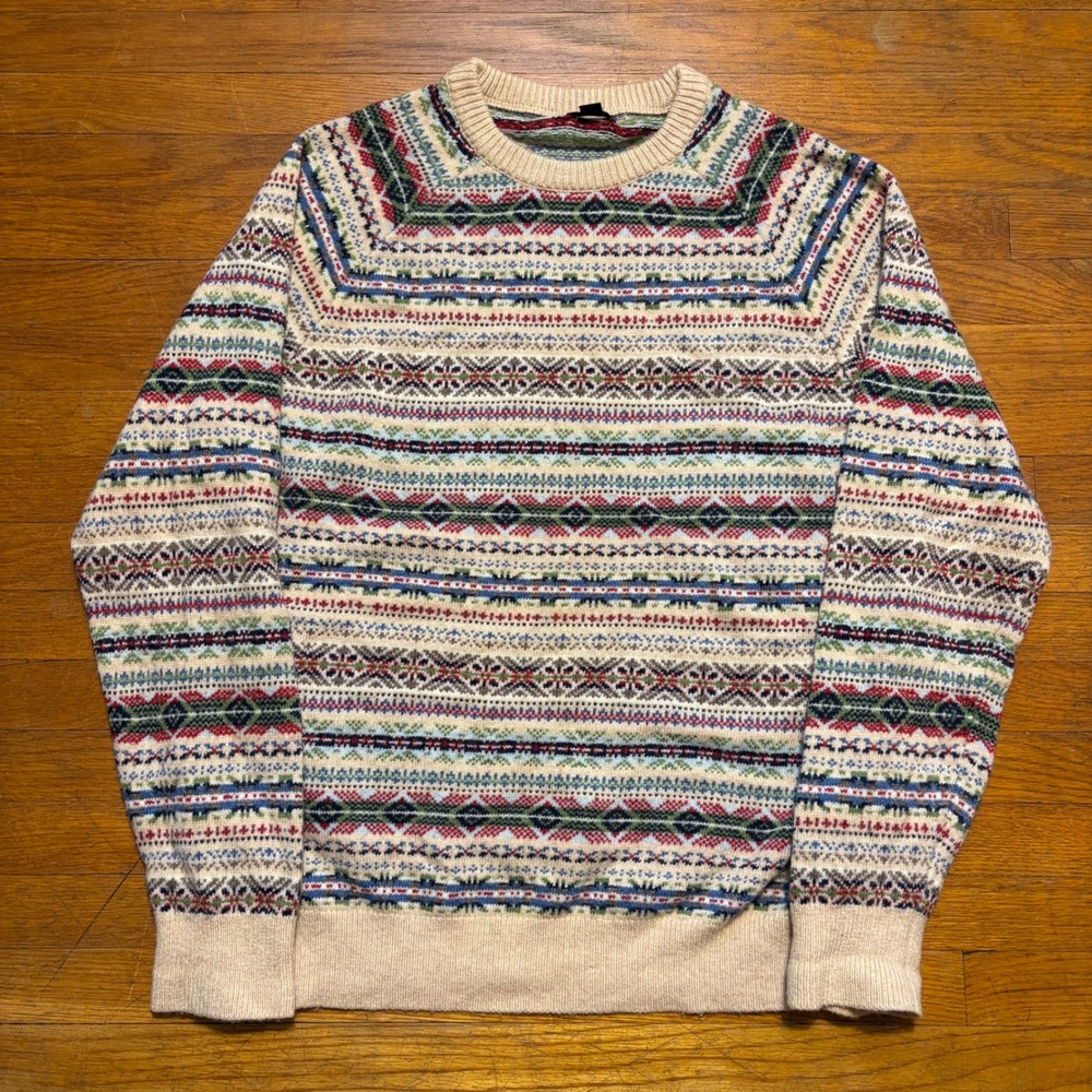 J.Crew Mens Large Fair Isle Lambswool Blend Crew Neck Sweater Multi-Color